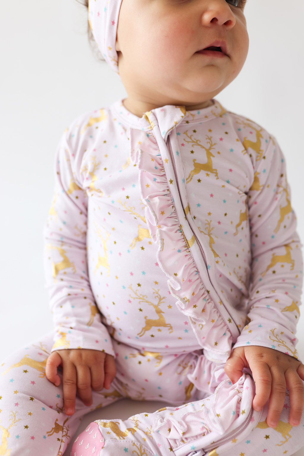 Posh Peanut Bamboo Ribbed RUFFLED Footie Zippered -  Ryleigh Gold Foil Reindeer