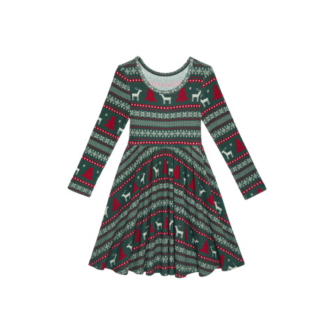 Posh Peanut Bamboo L/S Twirl Dress -  Holiday Fair Isle