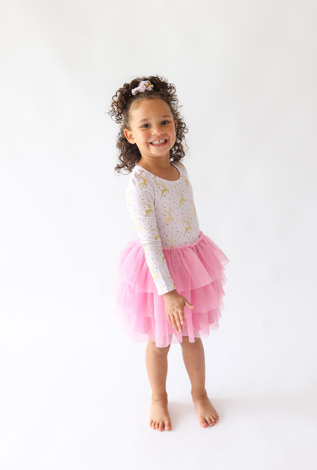 Posh Peanut Bamboo L/S Tulle Twirl Dress -  Ryleigh Gold Foil Reindeer