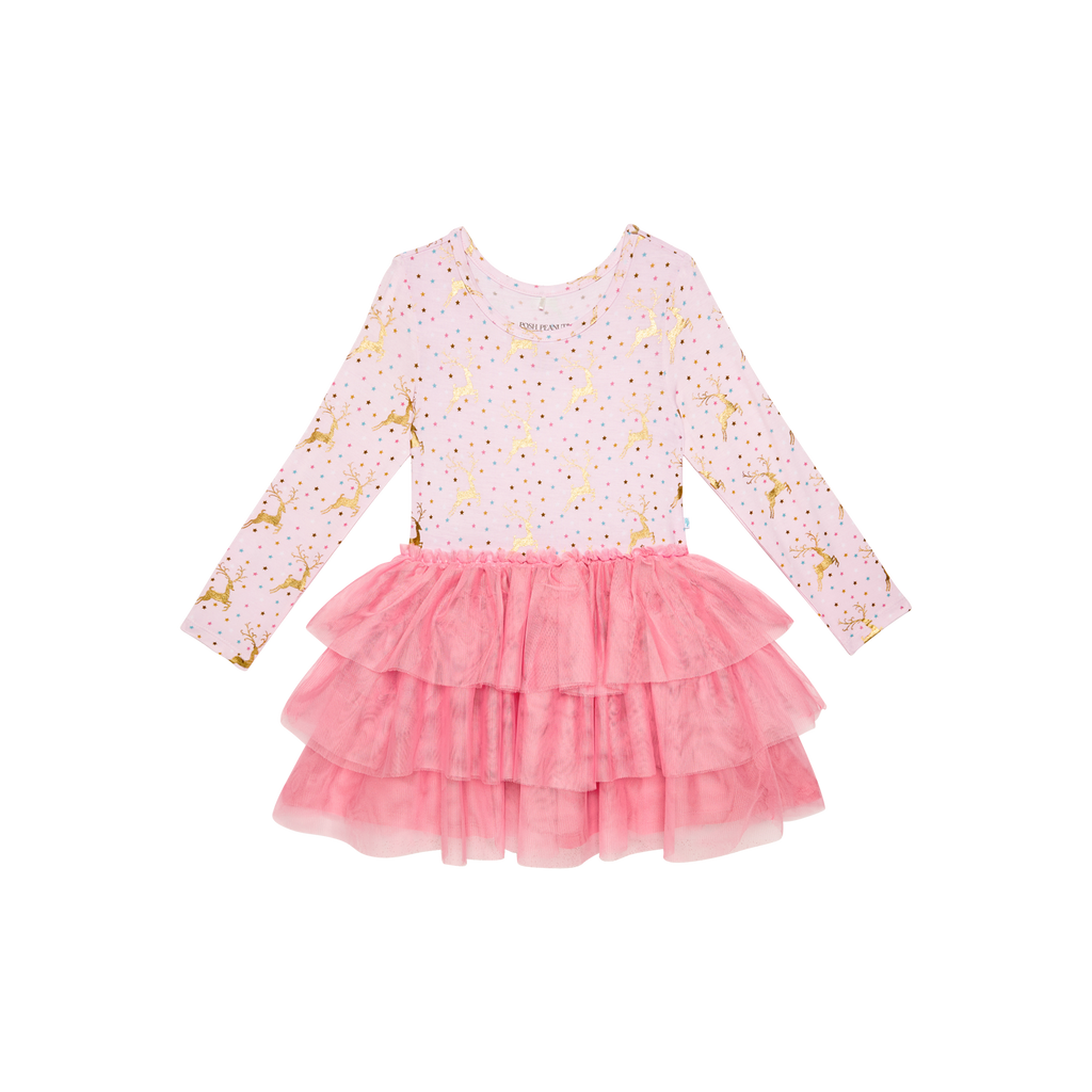 Posh Peanut Bamboo L/S Tulle Twirl Dress -  Ryleigh Gold Foil Reindeer