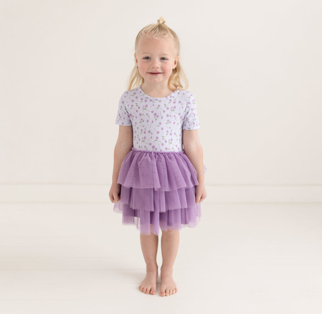 Posh Peanut Bamboo S/S Tulle Twirl Dress -  Jeanette Lavender Micro Floral
