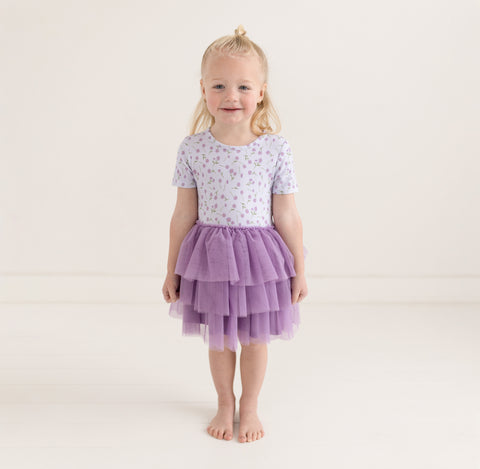 Posh Peanut Bamboo Ribbed S/S Tulle Twirl Dress -  Jeanette Lavender Micro Floral