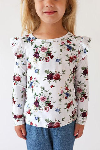 Posh Peanut Bamboo L/S Ruffle Shoulder Top - Philippa Vintage Floral