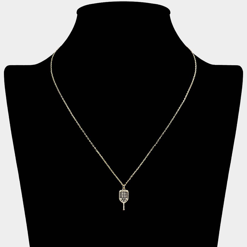 Pave Crystal Stone Pickleball Pendant Necklace: Gold and Black Mannequin