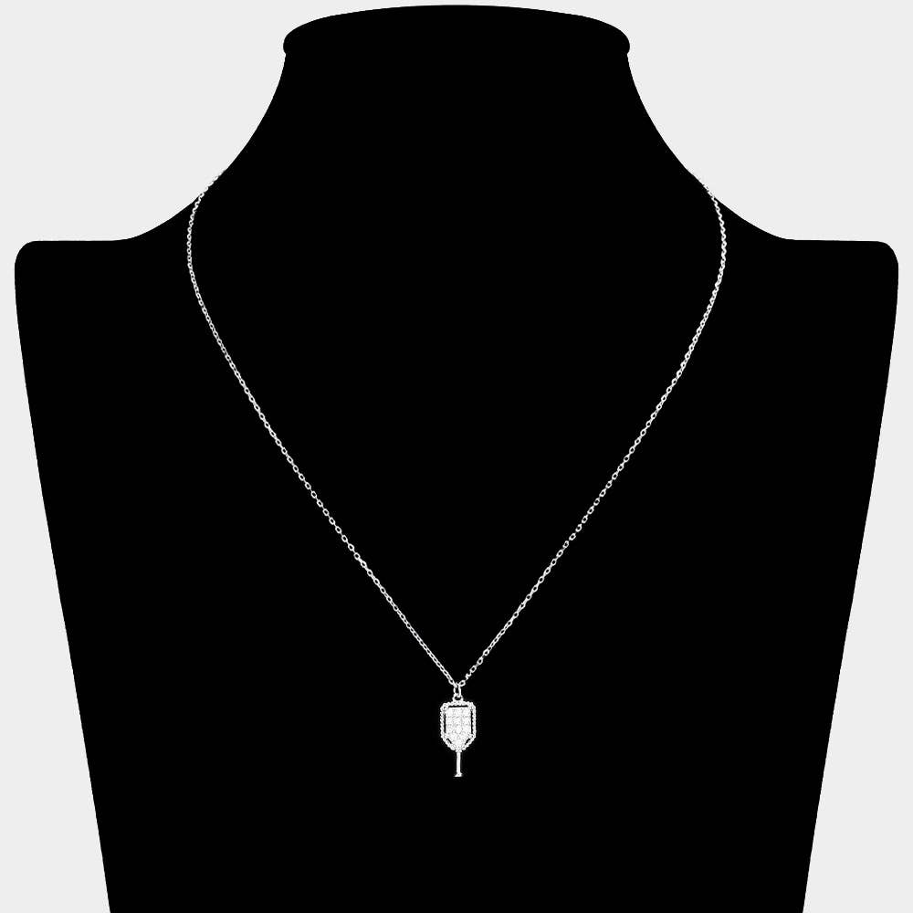 Pave Crystal Stone Pickleball Pendant Necklace: Silver and Clear Crystal Mannequin