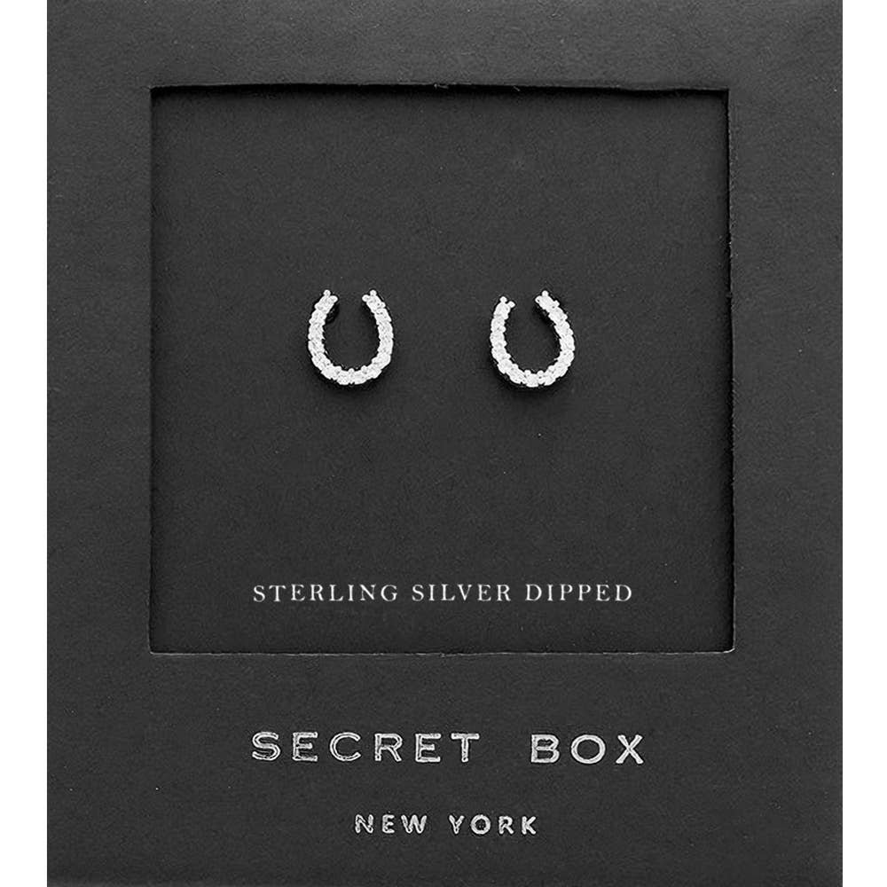 Pave crystal sterling silver stud horseshoe earrings - silver earrings in a black gift box
