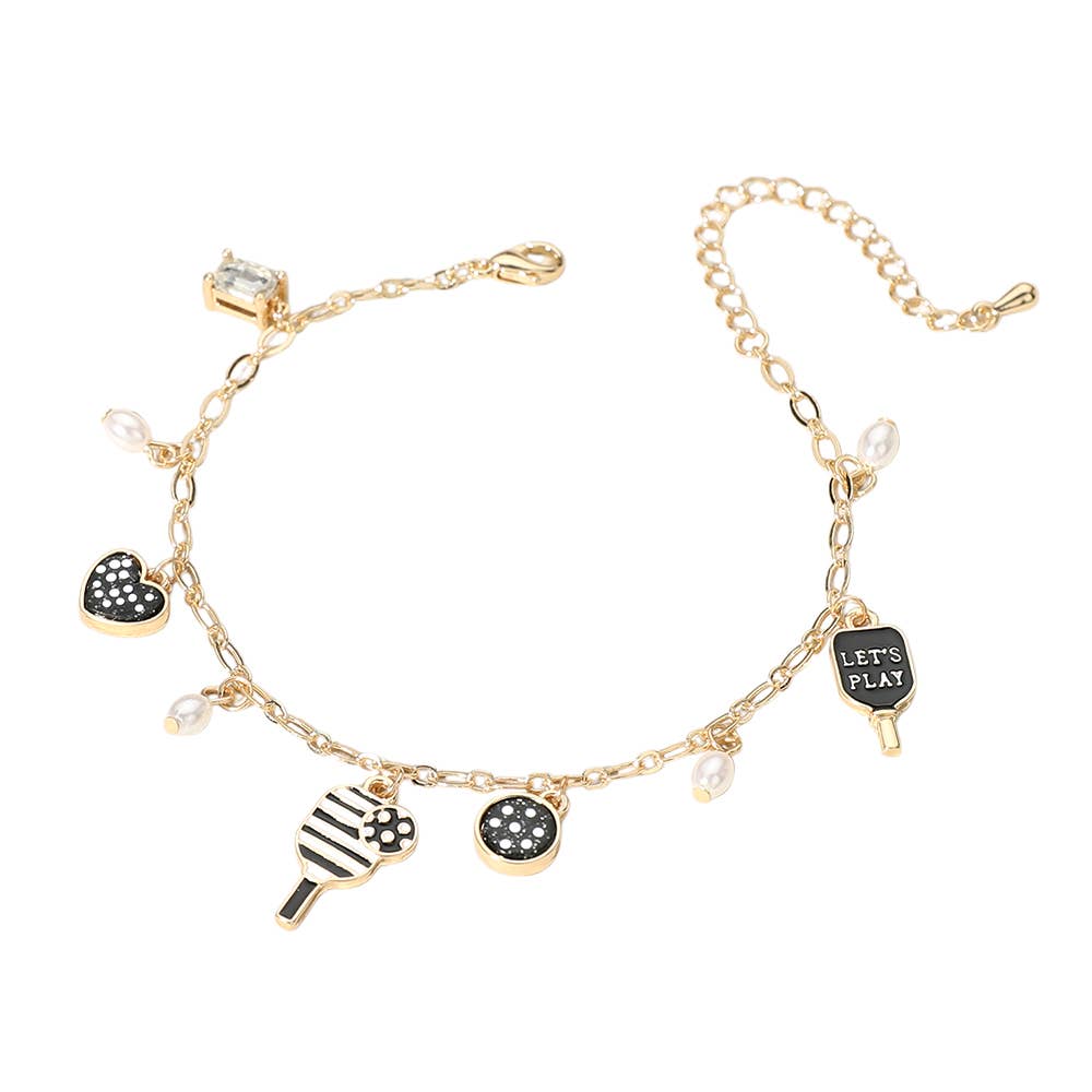 Pickle Ball - Lets Play Enamel Pickleball Pearl Charm Bracelet, Gold, Black and White