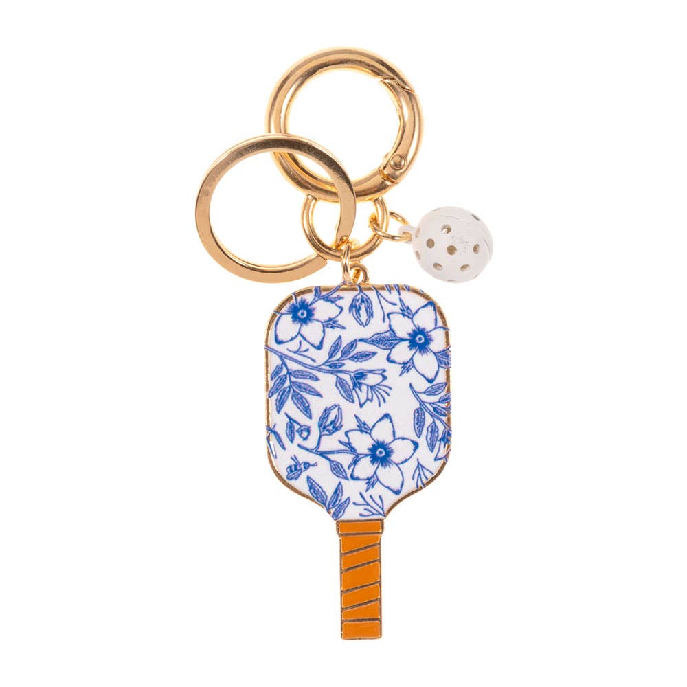 Pickleball Paddle Keychain Bag Charm: Blue White Enamel with Pickleball Charm