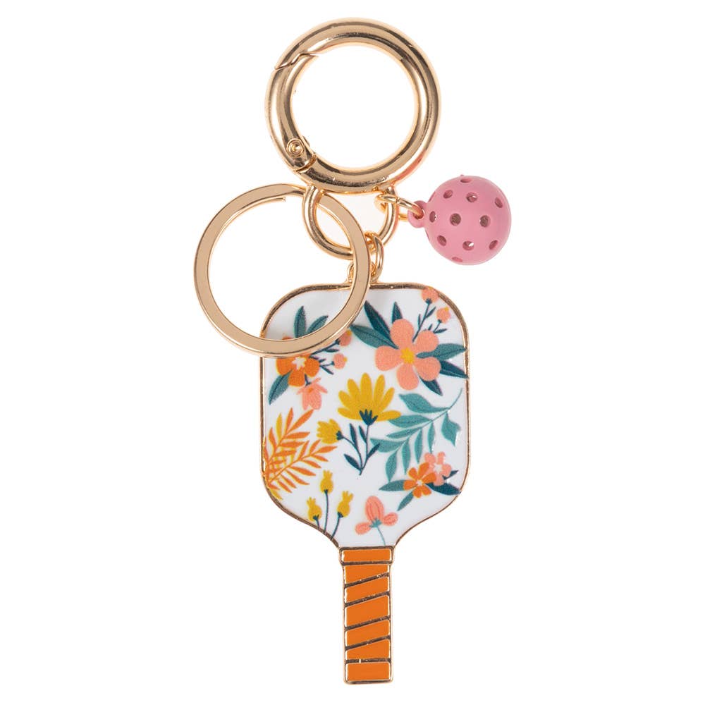 Pickleball Paddle Keychain Bag Charm: White Multi Colored Floral Enamel with Pickleball Charm