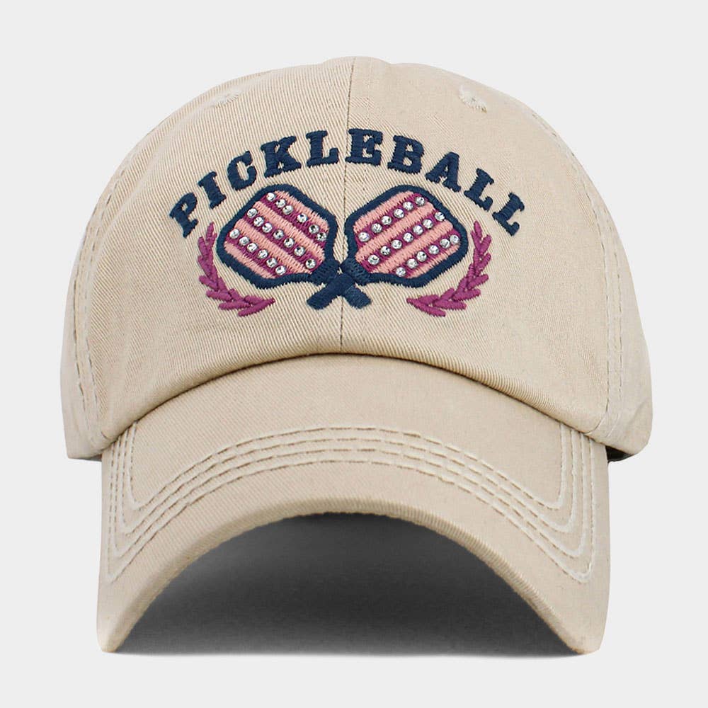 Pickleball Vintage Style Baseball Cap, Double Paddle Embroidered: Studded Beige, Pink, and Maroon