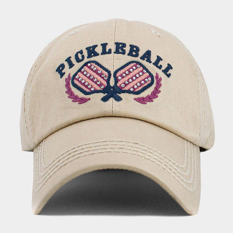Pickleball Vintage Style Baseball Cap, Double Paddle Embroidered: Studded Beige, Pink, and Maroon