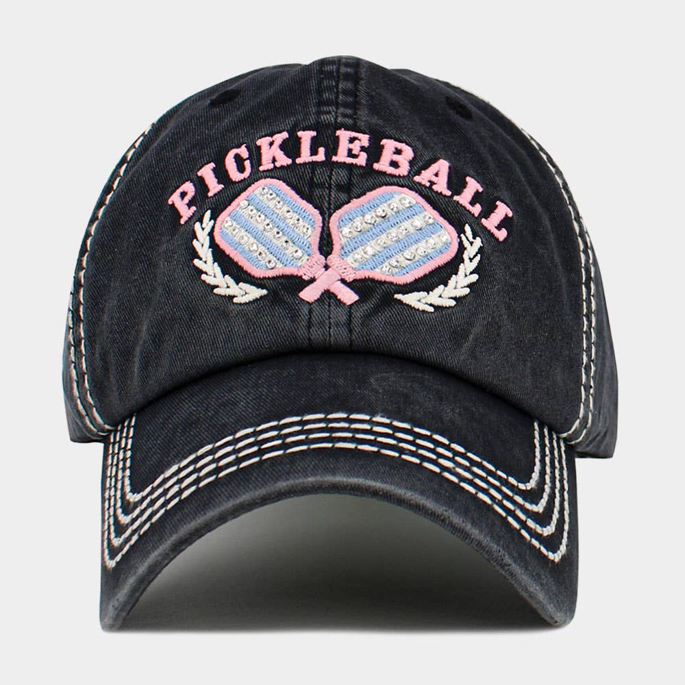 Pickleball Vintage Style Baseball Cap, Double Paddle Embroidered: Studded Black, Powder Blue and Pink
