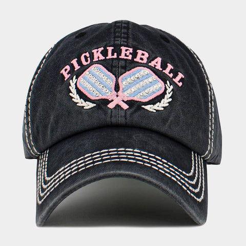 Pickleball Vintage Style Baseball Cap, Double Paddle Embroidered: Studded Black, Powder Blue and Pink