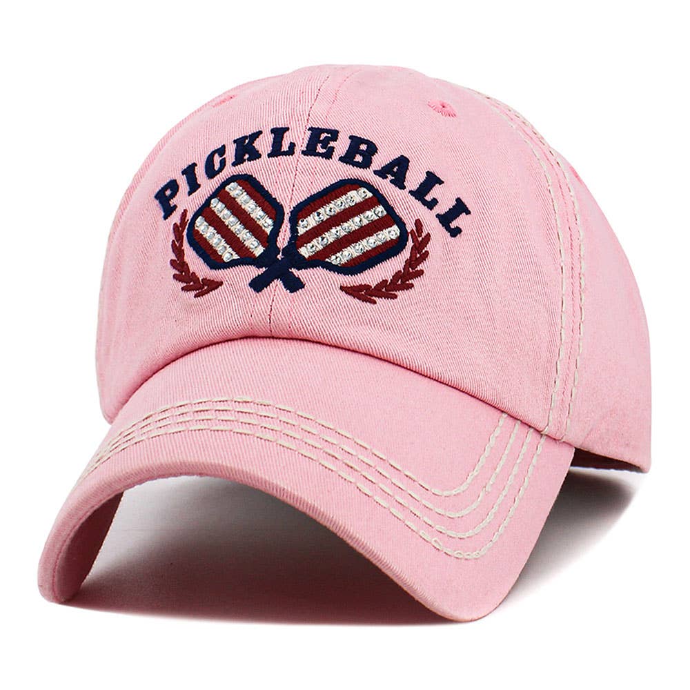 Pickleball Vintage Style Baseball Cap, Double Paddle Embroidered: Studded Pink