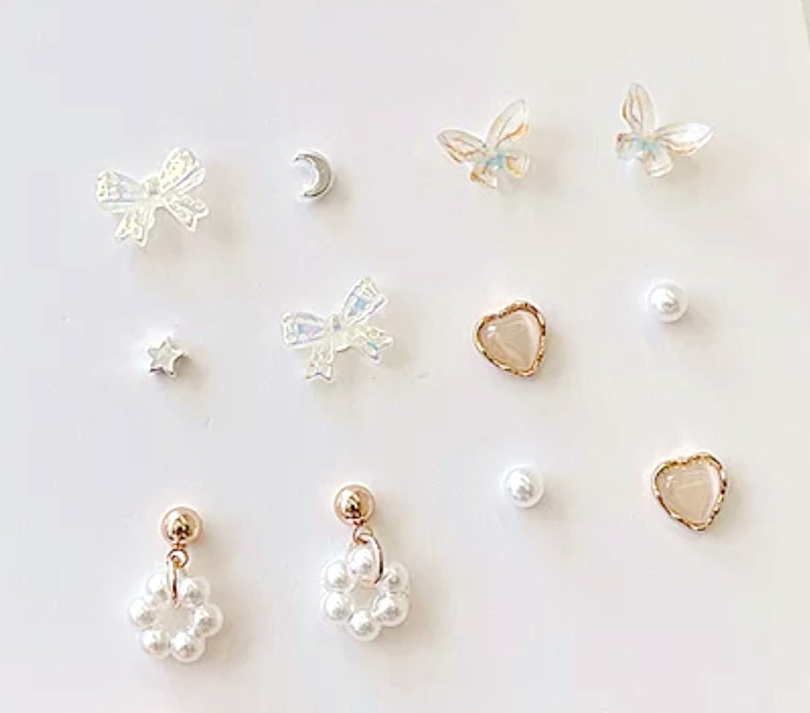 Pierced Earring 6 Pair Set Pearl White