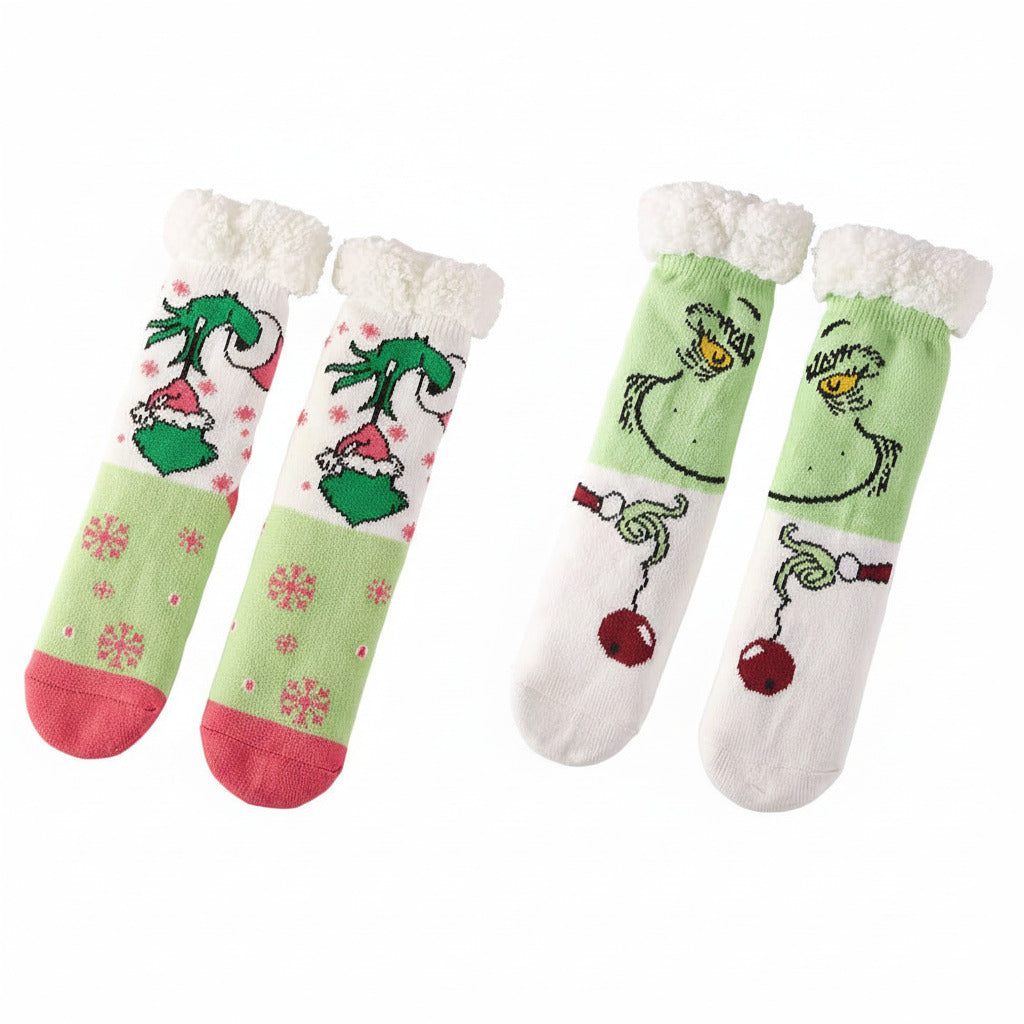 Plush Grinch design slipper socks, green ornament and grinch face and red ornament options