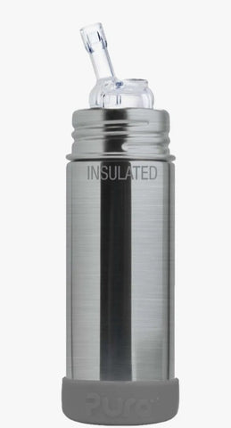 Pura Stainless Kiki INSULATED Bottle - 9 oz w/Straw Top, Natural Silver/Slate Grey Bumper