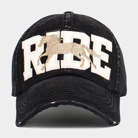 RIDE Horse Embroidered Vintage Distressed Baseball Cap: Black/Charcoal