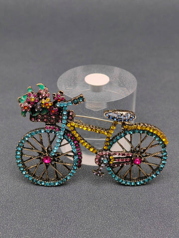 Rhinestone Multi-Color Whimsical Bicycle Brooch: Aqua Blue