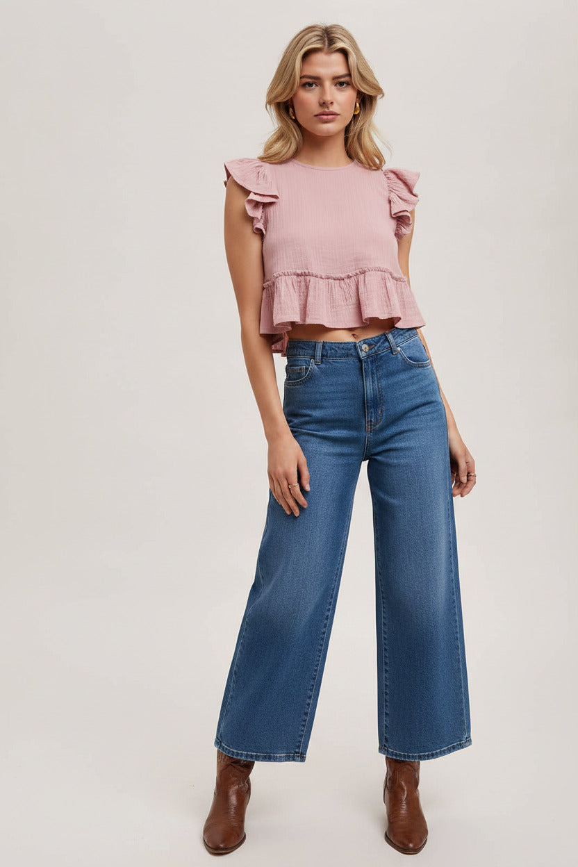 Rose petal pink ruffled semi cropped top, womens or teens
