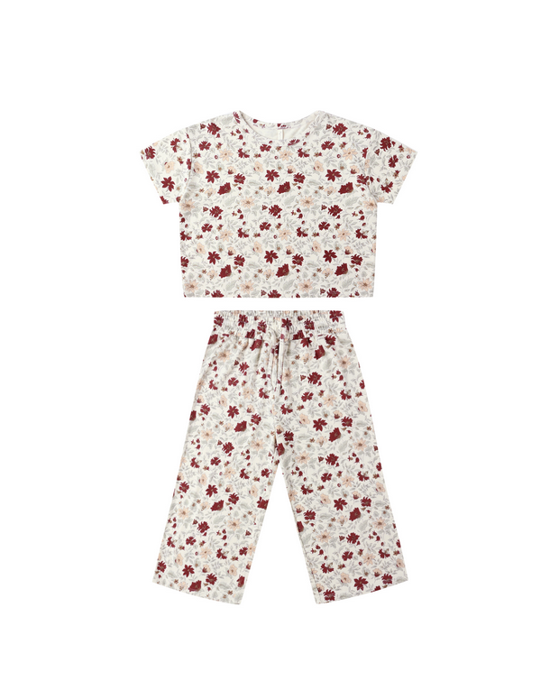 Rylee + Cru Mini Girls Wide Leg Lounge Set - Ruthie Holiday Floral, Ivory