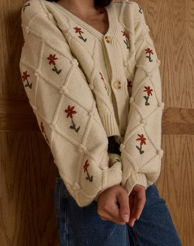Rylee + Cru Tween/Teen Girls Boxy Cropped Embroidered Cardigan - Winter Daisy Natural