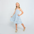 Tween girls crochet lace romper, poppy blue, front view