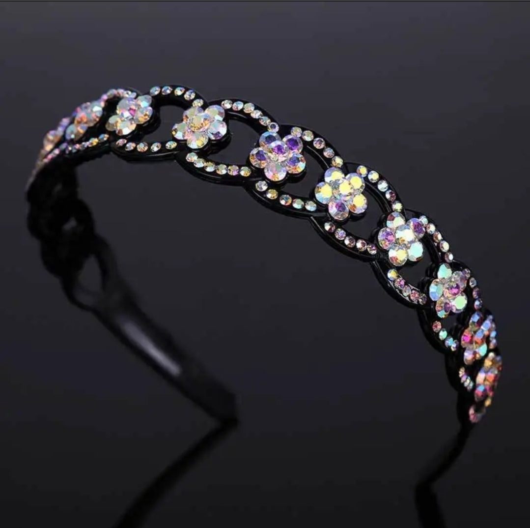 Crystal Headband, O/S, Fits 5Y-Adult, Black & AB Flowers