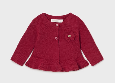 Ruffled Edge Knit Cardigan - Cherry Red - Front