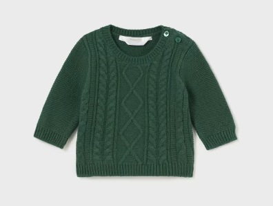 2306 Mayoral Baby Boys Braided Chunky Knit Crewneck Sweater UNISEX - Pine
