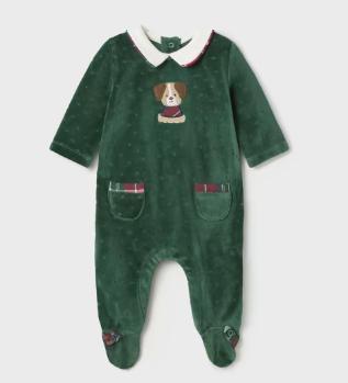 2748 Mayoral Baby Boys Sustainable Cotton Velour Footie, Pine Puppy