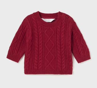 2306 Mayoral Baby Boys Braided Chunky Knit Crewneck Sweater UNISEX - Cherry