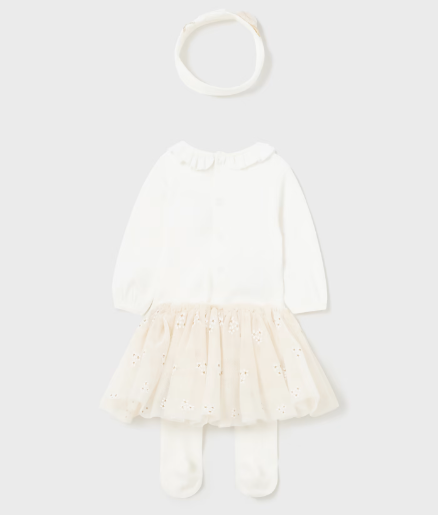 Ruffled Collar Bodysuit Tutu & Headband Set - Champagne - Back