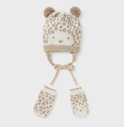 Eco-Knit Pom Ear Beanie & Mitten Set, Mole Leopard