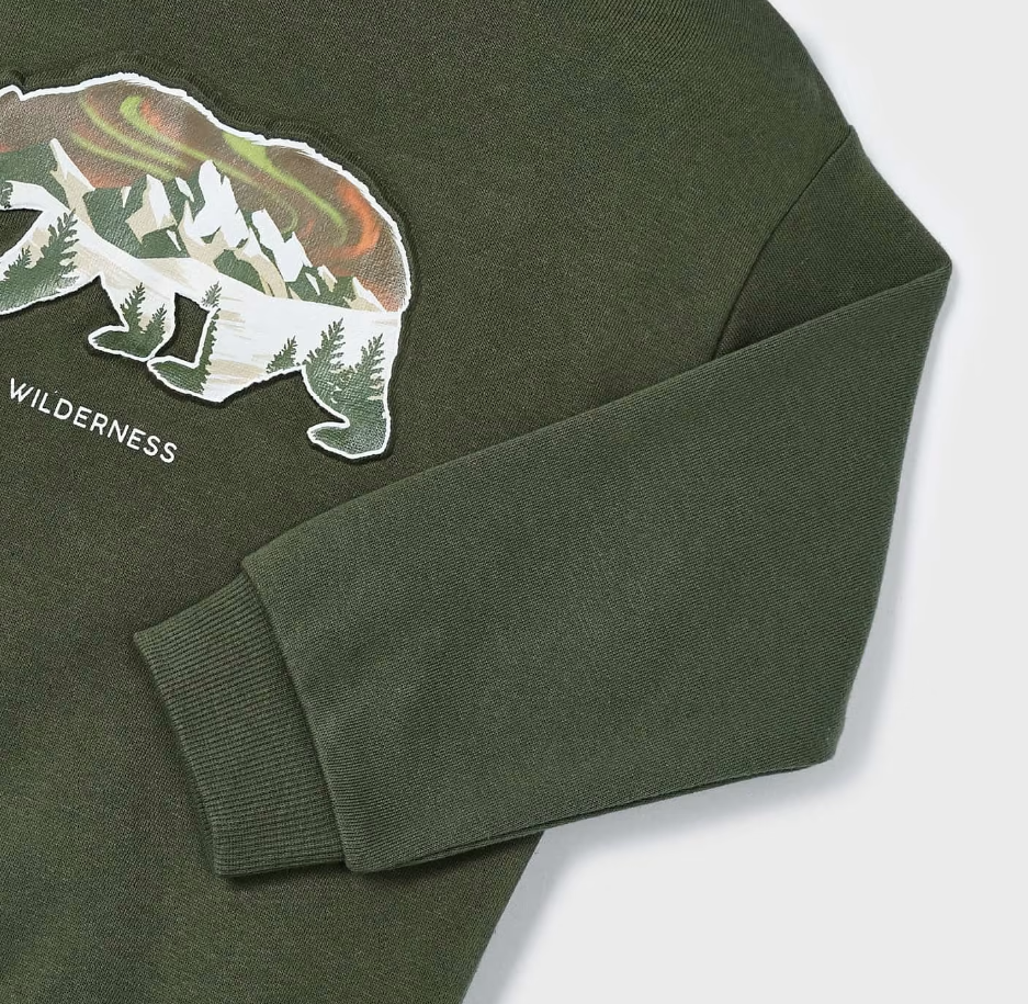 Embossed Wilderness Bear Sweatshirt - Forest Green - Close Up