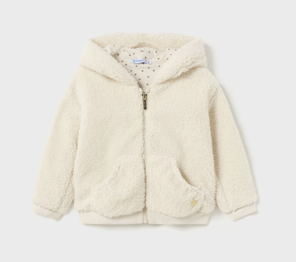 Hooded Curly Faux Fur Ear Zip-Up Jacket - Natural Chickpea - Front