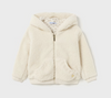 Hooded Curly Faux Fur Ear Zip-Up Jacket - Natural Chickpea - Front