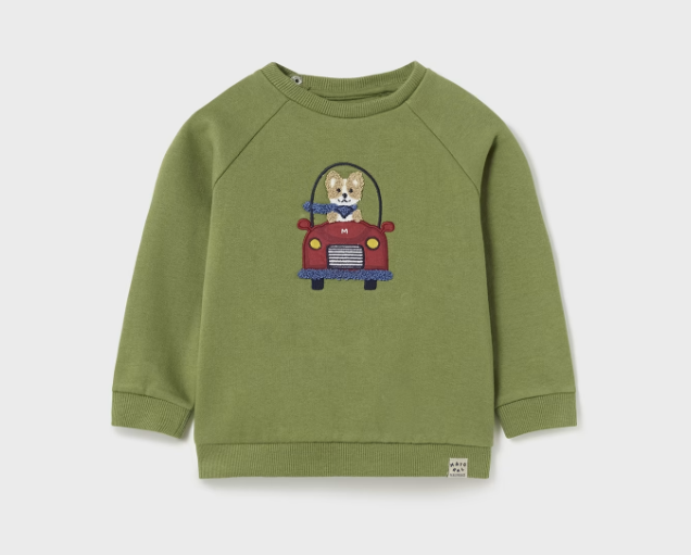 Eco Embroidered Fluffy Puppy Sweatshirt - Bayleaf Green - Front