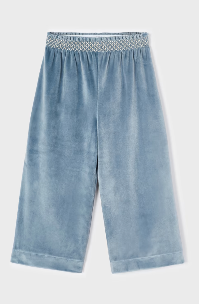 Smocked Waist Wide Leg Velvet Culotte Pants - Bluebell - Front