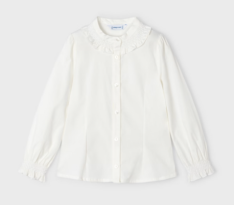 4195 Mayoral Mini Girls L/S Ruffle Collar Poplin Button Up Dress Shirt - Natural White