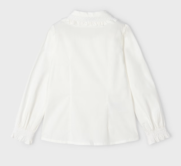 Girls L/S Ruffle Collar Poplin Button Up Dress Shirt - Natural White - Back
