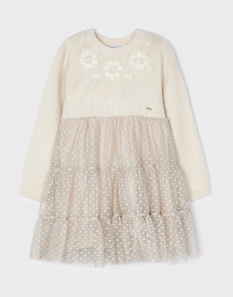 Eco Knit & Tulle Combined Dress - Ivory - Front