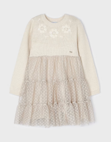 4912 Mayoral Mini Girls Eco Dressy Knit & Tulle Combined Dress - Ivory