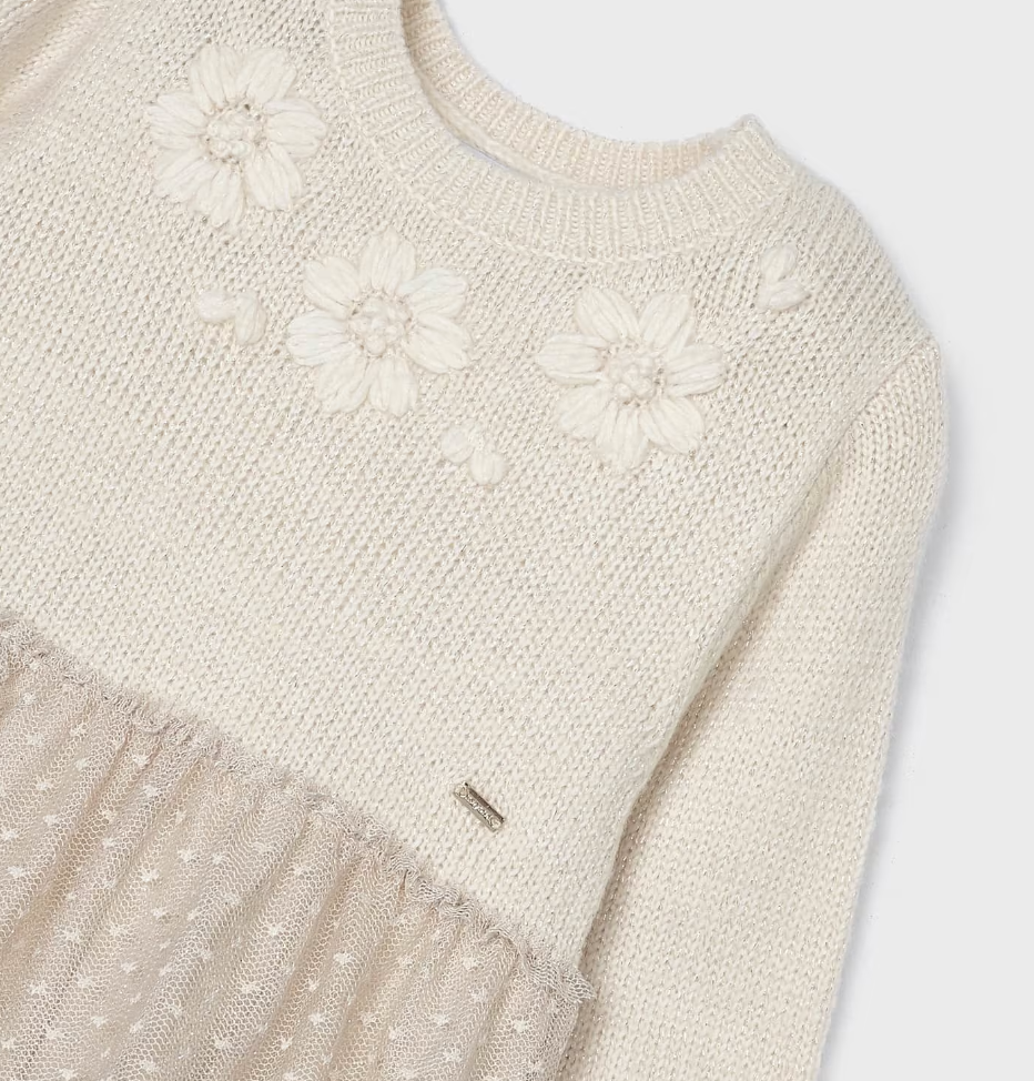 Eco Knit & Tulle Combined Dress - Ivory - Close Up