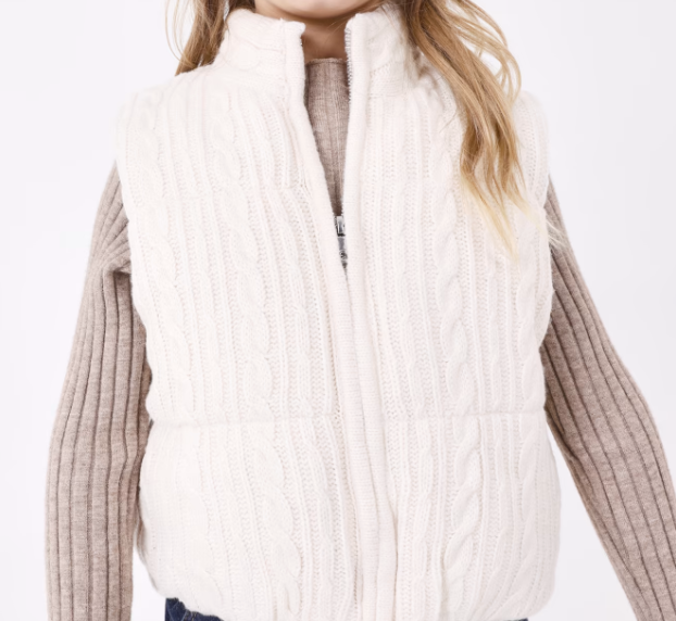 Cable Knit Zippered Padded Vest - Chickpea White - Model