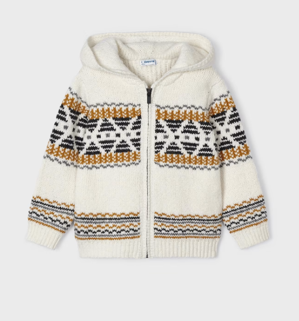 Knit Jacquard Hooded Zipper Sweater - Bone - Front
