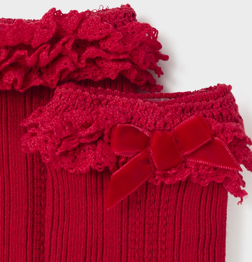 Mayoral Toddler Girls Knit Crochet Lace & Velvet Bow Knee Socks - Red - Close Up