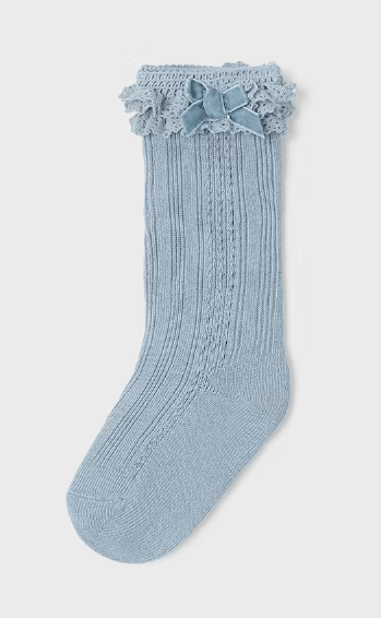Mayoral Toddler Girls Knit Crochet Lace & Velvet Bow Knee Socks - Bluebell - Front and Back