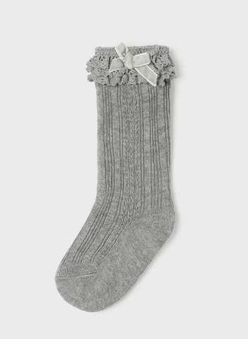 10525 Mayoral Toddler Girls Knit Crochet Lace & Velvet Bow Knee Socks - Steel Grey
