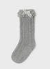 Mayoral Toddler Girls Knit Crochet Lace & Velvet Bow Knee Socks - Steel Grey - Front and Back